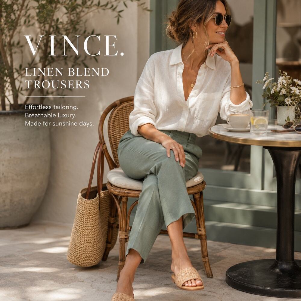 Vince Coin Pocket Cropped Straight Linen Blend Trousers Sage Green Size 10